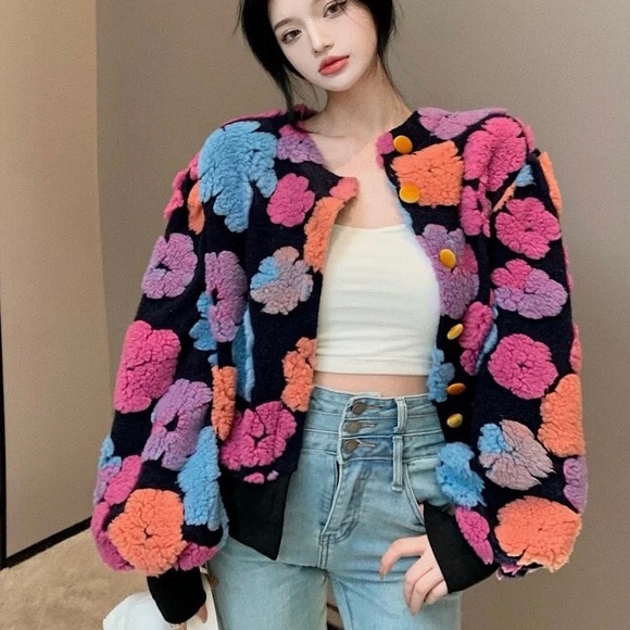 Floral jacket puff sleeve coat fuzzy 3d flowers runway fashion womens bomber - Picture 9 of 12